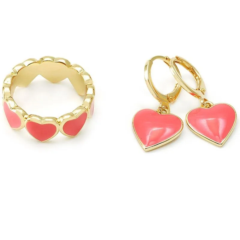 Conjunto de joias coração esmalte coral